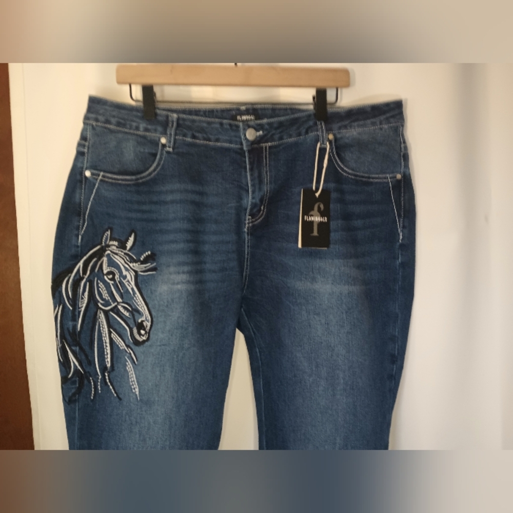 Flamingals Horse Embroidered Flare Jeans Womens 4XL Western Equestrian Indie NWT - Picture 4 of 12